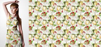 30014v Materiał ze wzorem malowane owoce (jabłko) i kwiaty (jabłoń) w stylu akwareli